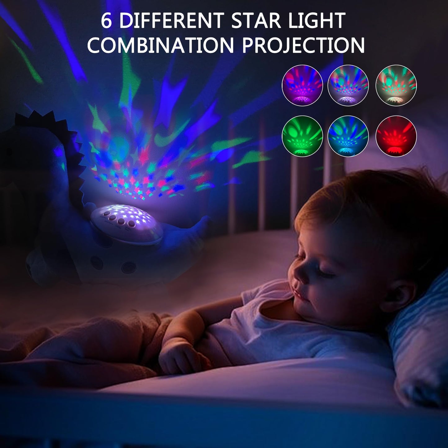 wiqins Baby Sleep Soother Cry Sensor Dinosaur Night Light Projector Baby Sound Machine Plush Stuffed Animal Toys for Boys Girls Pillow Ceiling for Toddler Lullabies & White Noise Sound