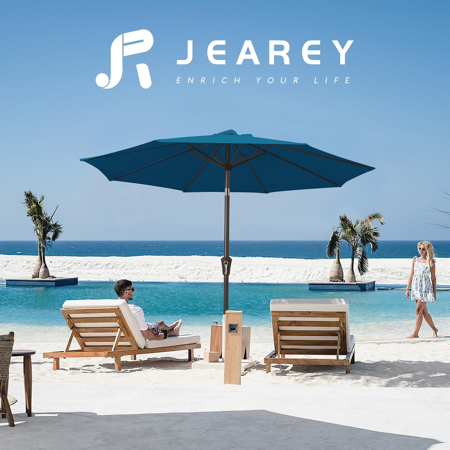 JEAREY 10FT Outdoor Patio Umbrella Outdoor Table Umbrella with Push Button Tilt and Crank, Market Umbrella 8 Sturdy Ribs UV Protection Waterproof for Pool, Garden (Lake Blue)