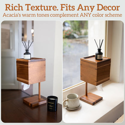 Wooden Tissue Box Cover Square - Acacia Wood Tissue Box Holder, Toilet Paper Holder Stand, Countertop Bathroom Accessories for Rustic or Modern Home