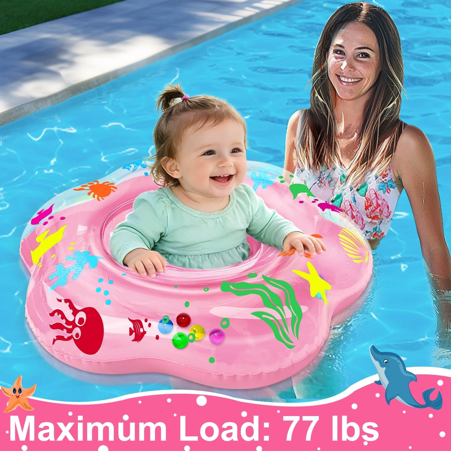25.6" Inflatable Baby Pool Float for 6-36 Months Anti-Flip Safety Baby Swimming Float Toddler Swim Trainer Water Toys, Infant Swim Floats, Toddler Floaties, Kids Beach Toys Summer Essentials