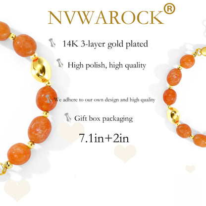 NVWAROCK Beaded Bracelet for Women, Gemstone Bracelet, 14K Gold Plated Stackable Handmade Oval Stone Bracelet Jewelry Gift - Orange