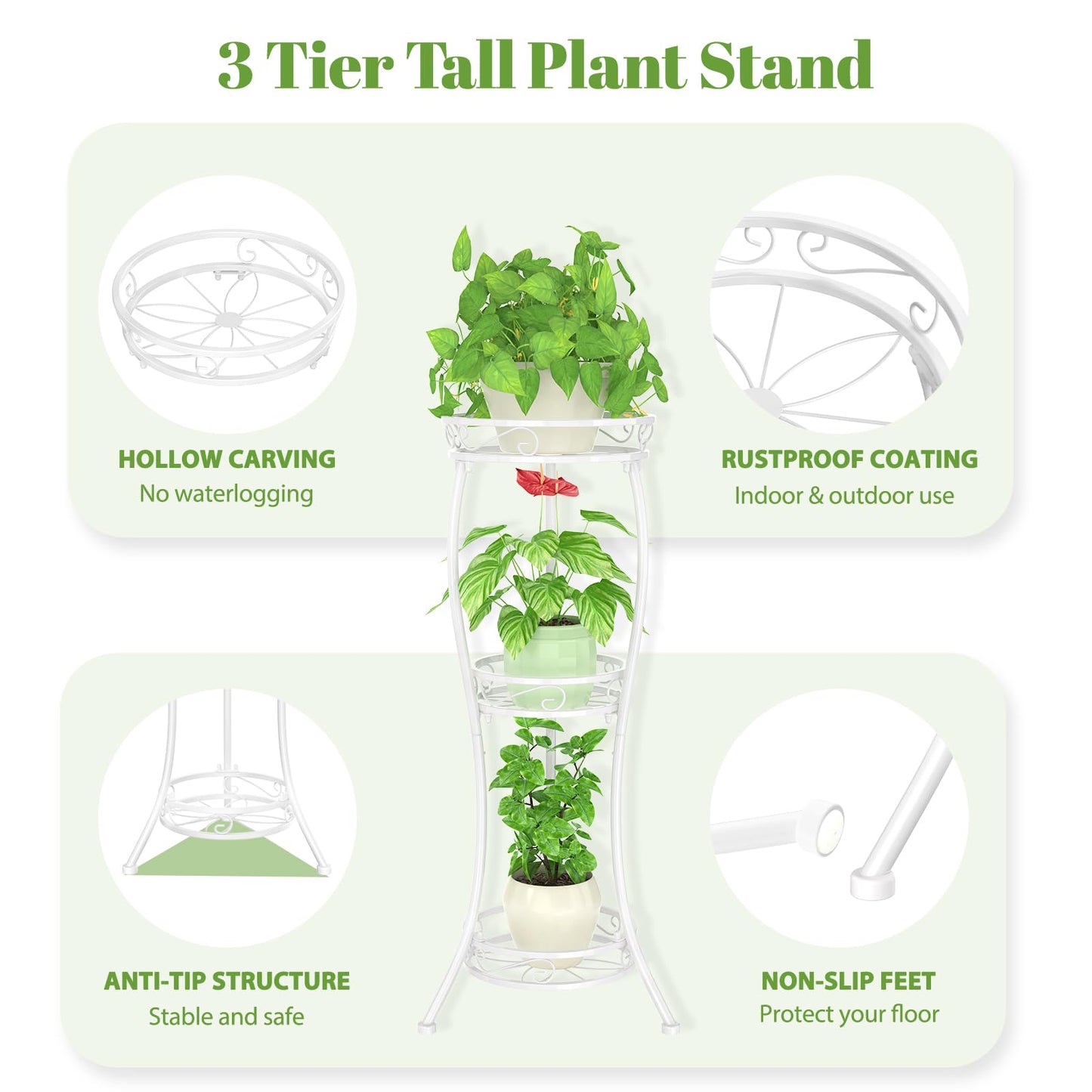 iDavosic.ly 3 Tier Tall Metal Plant Stand Indoor Outdoor, Wrought Iron Corner Flower Pot Holder Shelf, 34 Inch Vertical Display Rack for Patio Porch Living Room Garden, White
