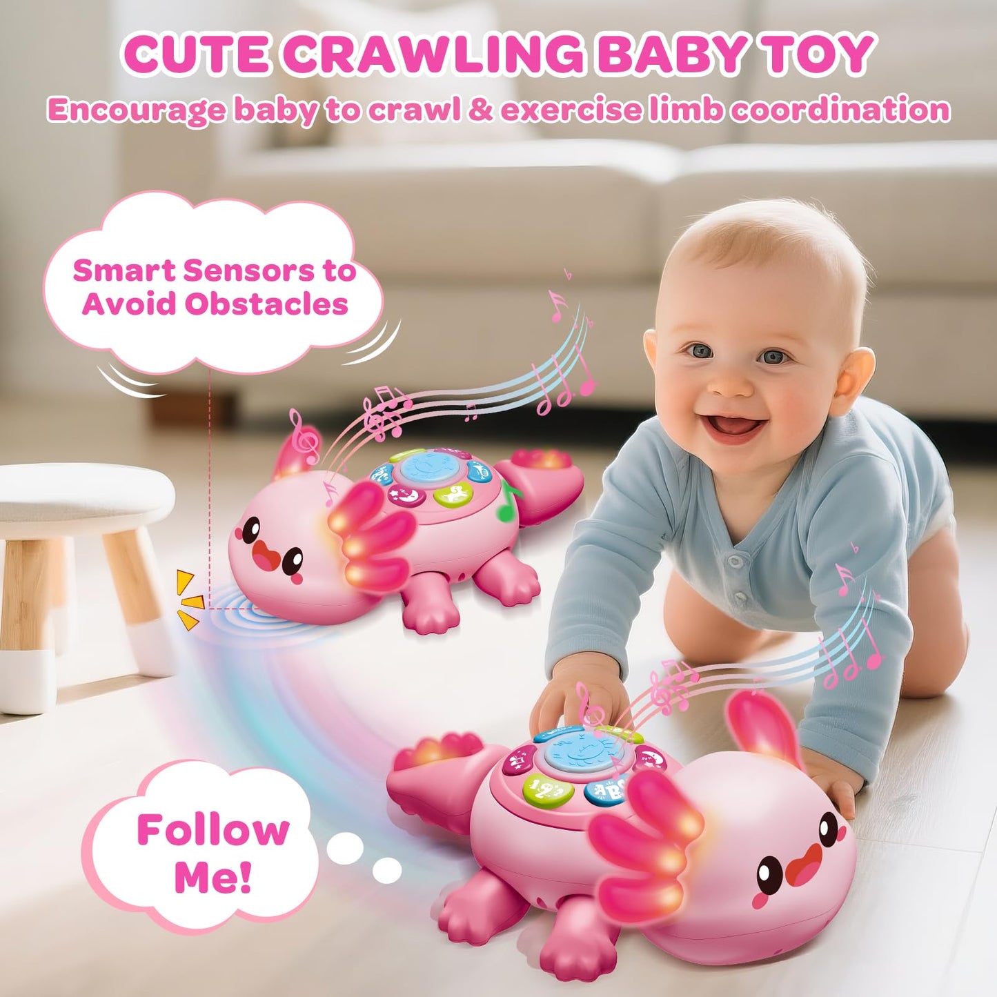 Baby Toys 6 to 12 Months, Light Up Tummy Time Toy for 12-18 Months, Crawling Axolotl Early Educational Musical Toy with Light, Christmas Birthday Gifts for Infant Baby 6-12 Month 1 2 Year Old