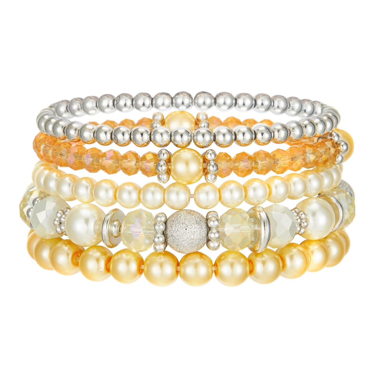 Noessla Beaded Pearl Stretch Bracelet Silver Stackable Crystal Beads Bracelets Trendy Costume Jewelry Mothers Day Gifts for Women(Yellow)