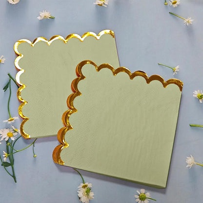 100 pack Green Cocktail Napkins with Gold Foil Accents Scalloped Edges 5 x 5 inch Beverage Disposable Napkin Party Decoration Wedding Bridal and Baby Shower Dinner Lunch Supplies