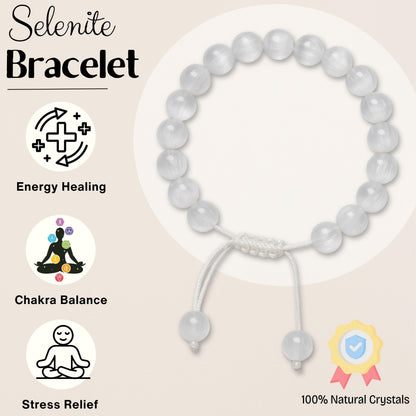 Amazing Gemstone Selenite Bracelet, Gifts For Men & Women - Protection Healing Crystal Bracelet - 8mm Gemstone Beaded Adjustable Bracelet, Pulseras Para Hombres Mujer Stocking Stuffers