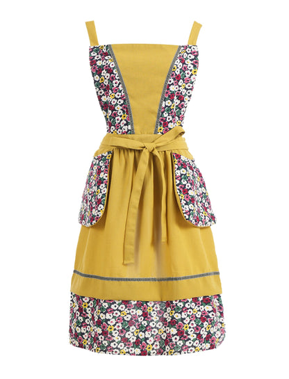 Pinknoke Kitchen Aprons for Women with Pockets Cute Floral Chef Pinafore Apron for Gardening Cooking Baking Painting (Mustard)