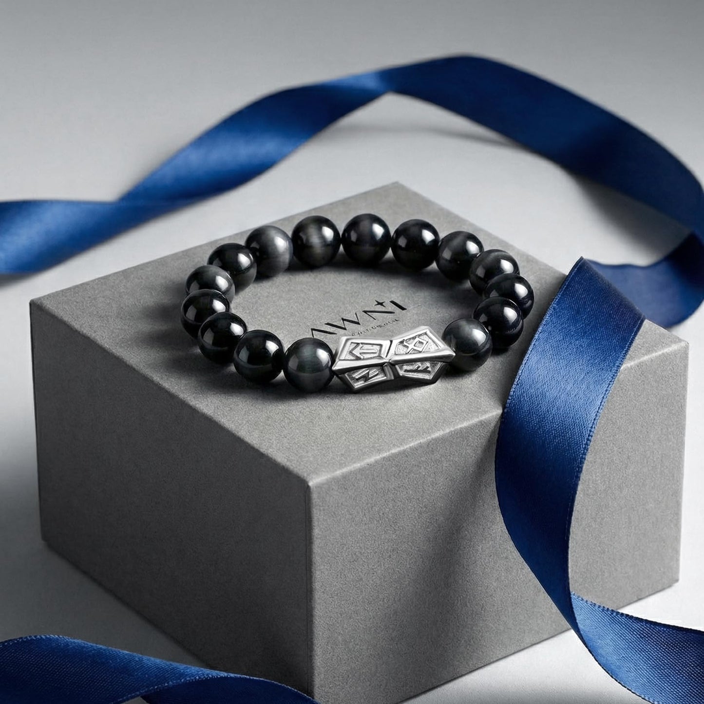AWNL® Men's Beaded Bracelet with Sterling Silver Engraved Runes Charm 12mm Obsidian Natural Gemstone Gift for Men, 6.5''-7.1''