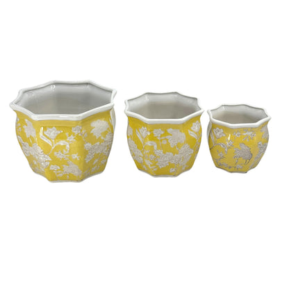 Galt International Yellow & White Round Fluted Floral Porcelain Ceramic Plant Flower Planter Pot Set of 3 (7.5", 10", 13") Garden Pots Chinese Asian Design