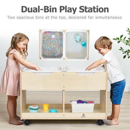 Bolocon Sand and Water Activity Table for Kids, Sensory Table w/Dual Deep Sand/Water Bins & 2 Bottom Storage Compartment & Lockable Casters, Indoor/Outdoor Activity Play