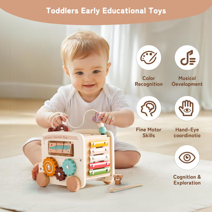 Etucdose Wooden Activity Cube 8-in-1 Montessori Toys | Multifunctional Early Educational Learning Toys | Wooden Toy for Baby Shape Sorter Xylophone Animal Travel Bus Boy Girl Birthday Gift（Beige Bus）
