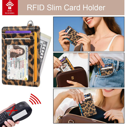 Coco Rossi Slim Front Pocket Wallet Minimalist RFID ID Card Holder Cute Small Wallets with Wrist Lanyards Key Chain Holder for Women, Brown Leopard