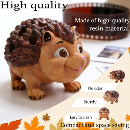 Daoofukeji Pen Holder for Desk Pencil Holder Wooden Hedgehog - Resin Hedgehog Shaped Pen Container Desk Organizer Decoration for Office Desk Home Decorative Animal Pen Holder Funny Gifts for Kids