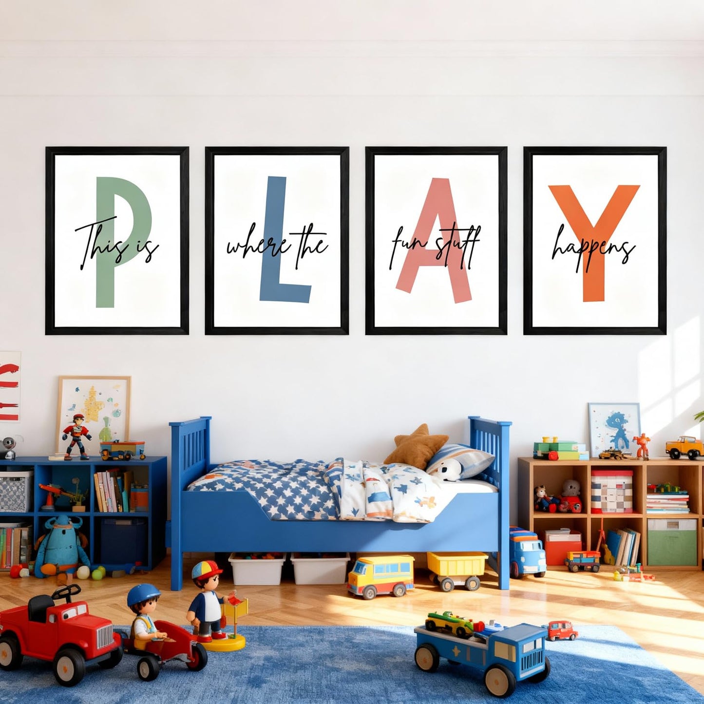 Cute Alphabet Play Framed Wall Art Set of 3, Natural Educational Alphabet Wooden Sign for Baby Girl Kid Boy Toddlers, Black Boho Preschool English Letters Nursery Decor for Homeschool Playroom