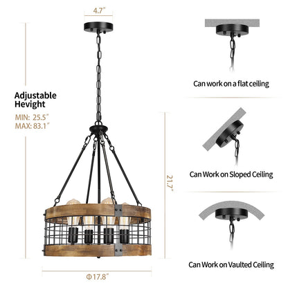 4-Light Rustic Chandelier for Entryway, Round Farmhouse Light Fixtures for Dining Room, Industrial Drum Hanging Pendant Lighting for Kitchen Island, Nature Wood Texture and Black Metal Finish