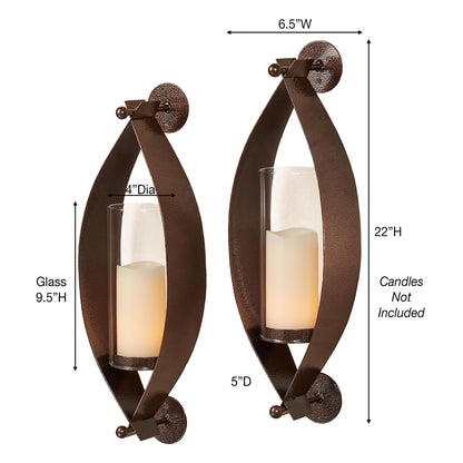 Touch of Class Xander Wall Sconce Pair - Handcrafted Steel - Antique Copper - Glass Hurricane - Set of 2 - Metal Sconces Holder for Bedroom, Bathroom, Living Room, Kitchen Walls, Hallway