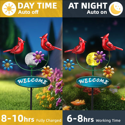 Newinhome Solar Garden Stakes Metal Welcome Signs for Outside 29.5', 2 Flying Cardinals with Cracked Glass Ball,Decorative Garden Stakes for Lawn, Patio, Cardinal Gifts for Women