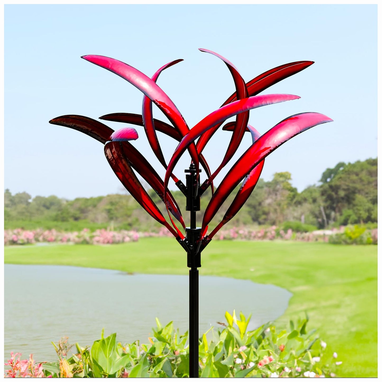 Cyan Oasis 82 inch Wind Spinners Outdoor - Extra Large Metal Wind Sculptures & Spinner with Stake, Big Clearance Windmills for the Yard and Garden, Tall Yard Art Decor-Burgundy Red