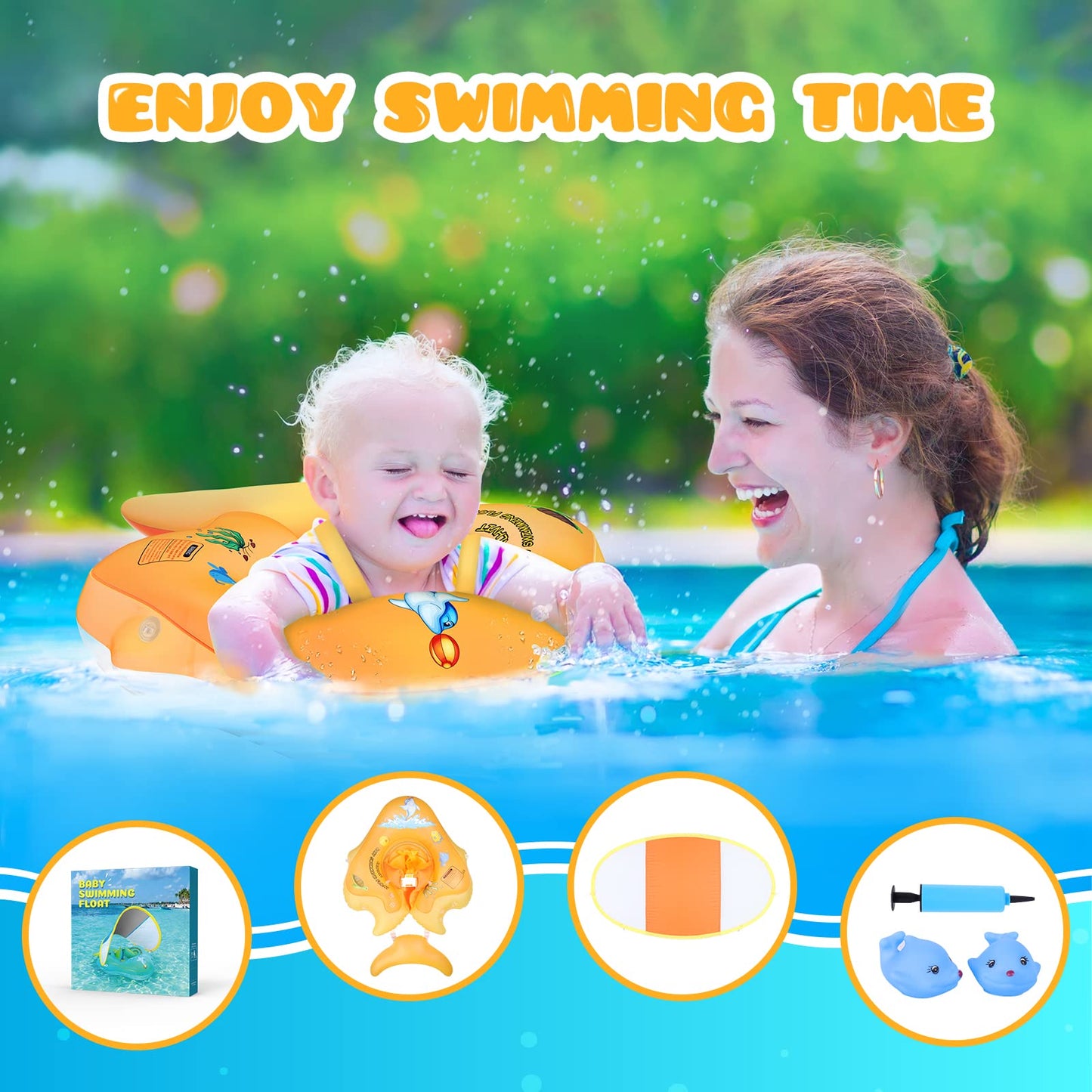 No Flip Over Baby Pool Float with Canopy UPF50+ Sun Protection, Sponge Safety Support Bottom, Fun Gifts Water Toys Accessories Inflatable Baby Swim Floats for Pool 3-36 Months
