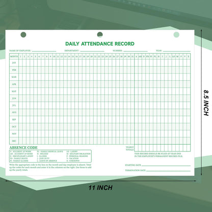 LemonSecret 100 Pcs Daily Attendance Card, Attendance Record Book Tracker 8.5 x 11 Inch, 2026 Daily Calendar Cards 3 Hole Employee Work Books Employee History Record Green Letter Size