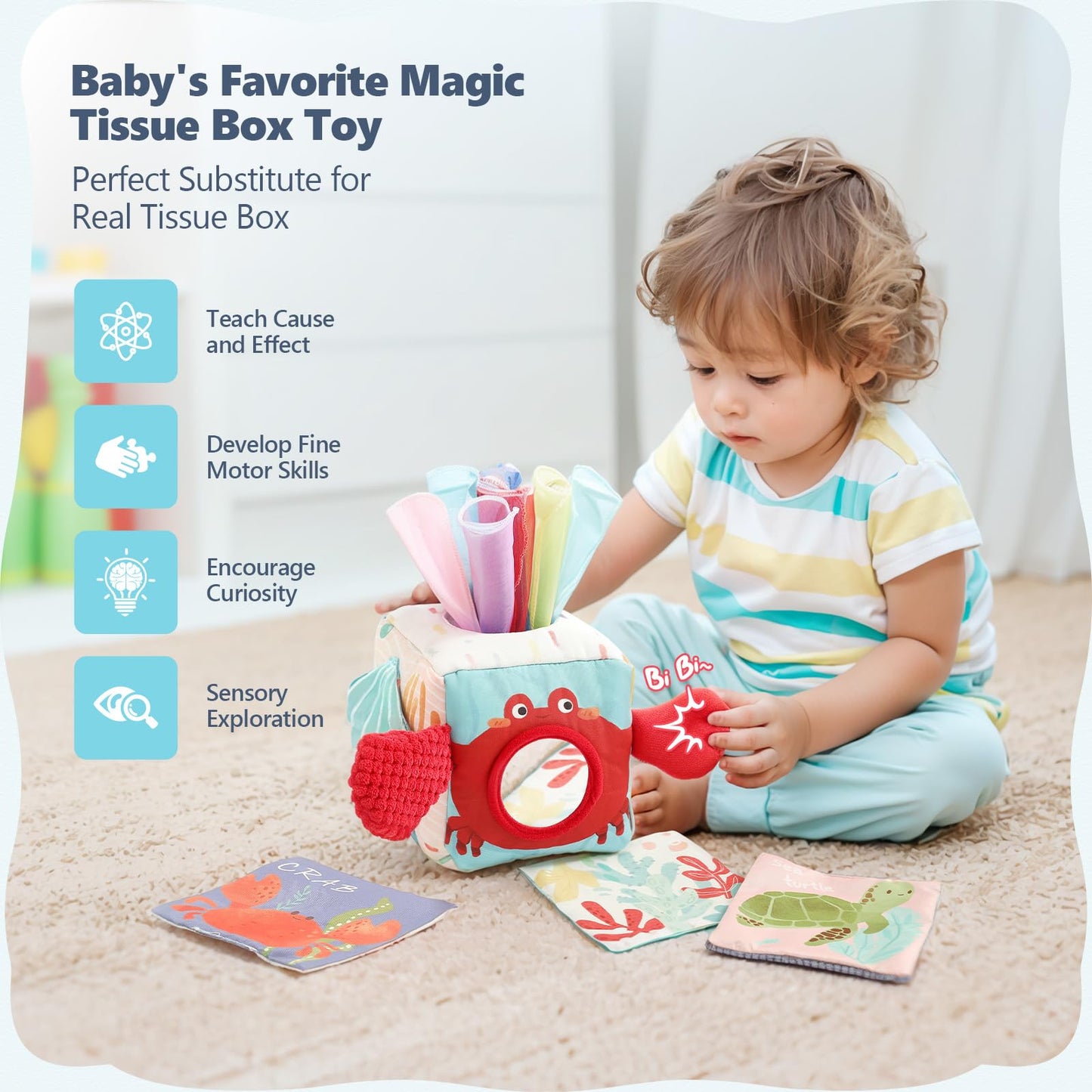 Youuys Baby Tissue Box Toy for Babies 6-12 Months - Montessori Toys Baby Tissue Box Sensory Toys for 1 Year Old - Boy Girl Gifts for Babies 6 12 18 Months Old (Ocean)