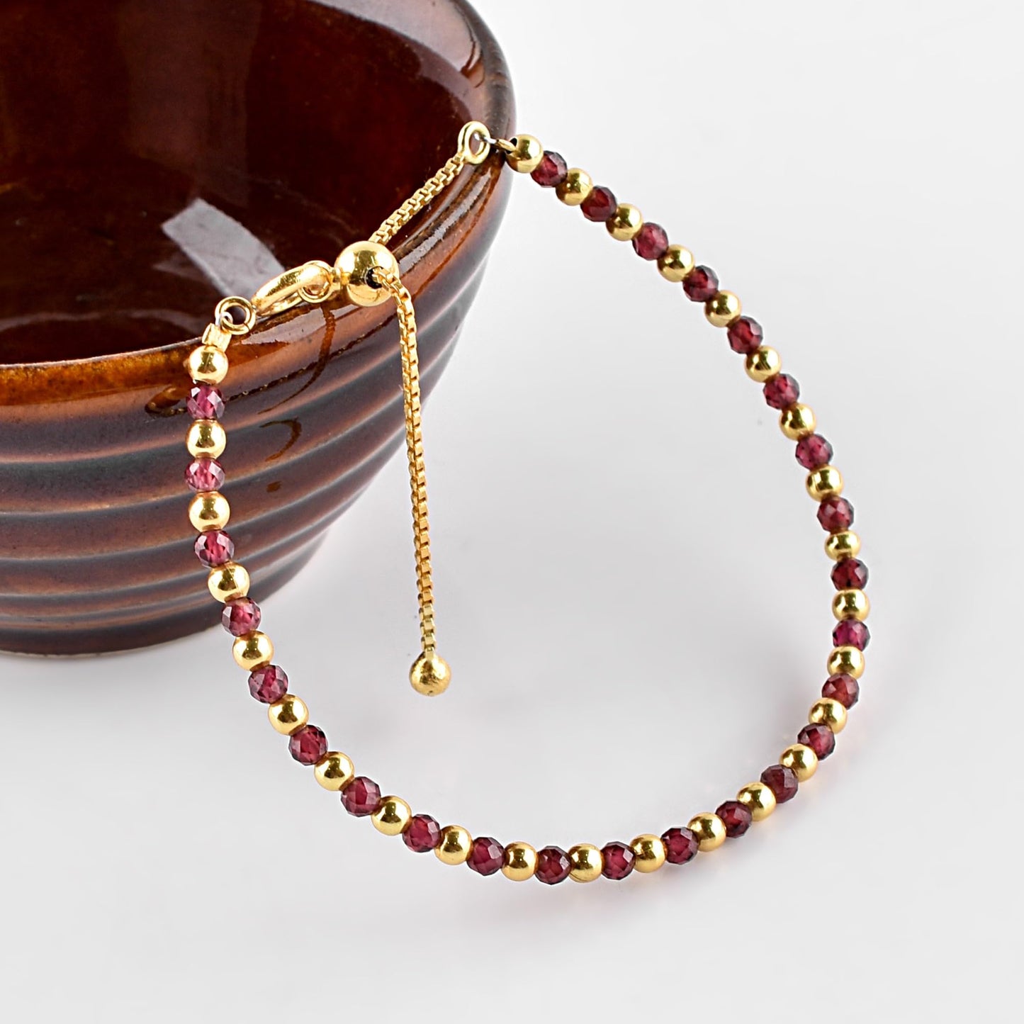 ZEMBIENCE Natural Red Garnet Gemstone Bracelet for Women, January Birthstone Jewelry, 18K Gold Plated Micro- Beads, Handmade Bolo Single Slider Chain, Healing Crystal, Christmas Gift, 10inch