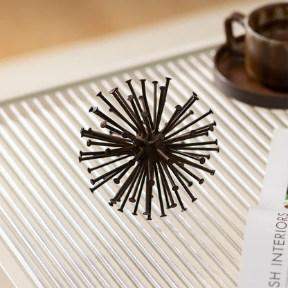 TICKCACY Metal Starburst Sculpture, Spike Tabletop Decorative Sphere, Small Abstract Geometric Urchin Decor Ball, Rusty Iron Table Top Decoration Orb for Home Living Room Bedroom Office Shelf
