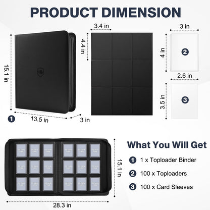 Toploader Binder, Holds 360 Toploader, 100 Toploaders INCLUDED, 9-Pocket PU Cover Top Loader Binder for 3" x 4" Rigid Toploaders, Ringless Double-Sided Toploader Card Binder for TCG, Sport Cards