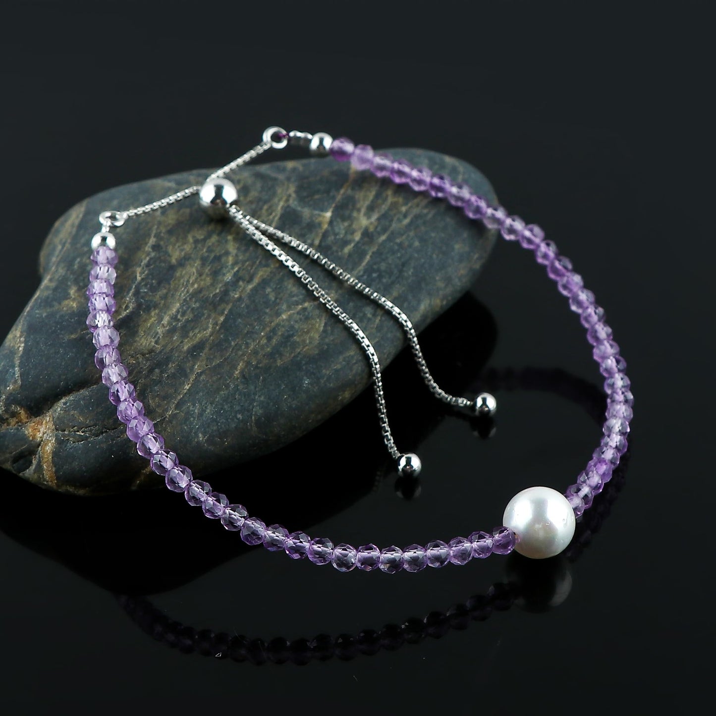 CRYSTALIS Natural Amethyst Beads Slider Bracelet with Elegant Pearl, High Grade Beaded Crystals, Chakra Healing Gemstone, Gift Giving Women Jewelry, 925 Sterling Silver Slider 10 inch