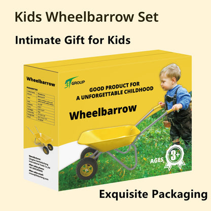 Toddler Wheelbarrow Set with 12 PCS Gardening Tool,Kids Metal Wheelbarrow Outdoor Toy for Kids Wheel Barrel Dig Sand/Dirt,Shovel Snow,Leaves (Yellow Set)