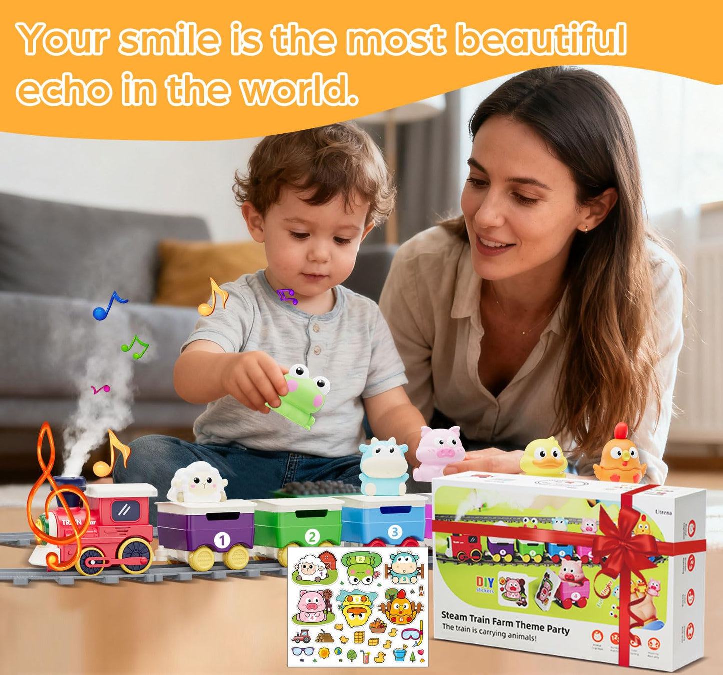Toddler Train Track Toys,Electric Farm Animal Train Set, Realistic Steam Lights Sound, Interactive Boy Gift Toy, Animal Finger Play, Barn Number Game，Educational Gifts for Smart Kids 1 2 3 Years Old