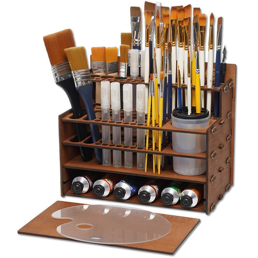 OPHIR Paint Brush Holder, 101 Holes Wooden Paint Brush Organizer with A Mini Acrylic Painting Palette & Cleaner Cup for Painting Brushes, Markers, Colored Pencils Organizer