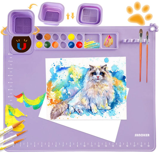 SHNOKER Silicone Craft Mat 21.7"x17.7" Super Large Silicone Painting Mat with 1 Magnetic Cup and Color Palette for Kids and Artist (Purple)
