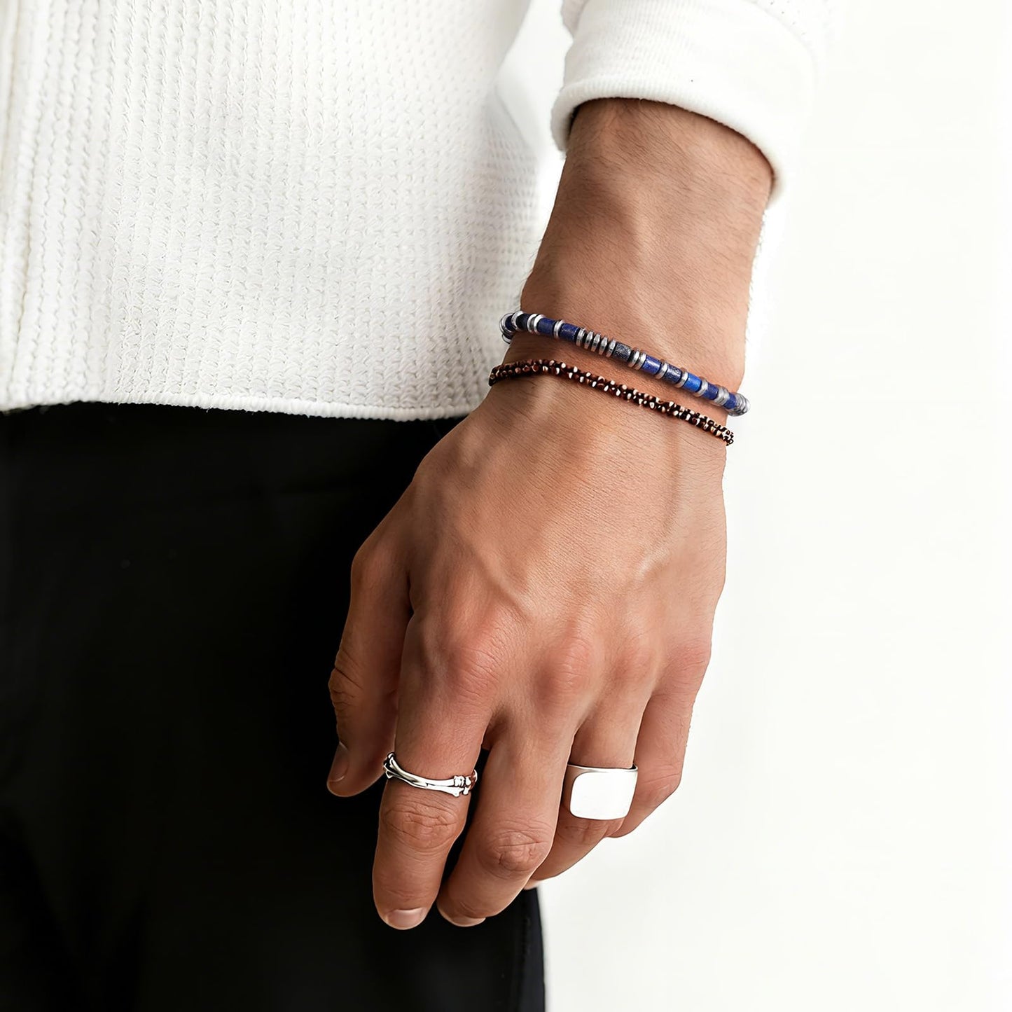 Holamonte Beaded Bracelets for Men, Link Bracelet Matched with Handmade Natural Stone, Adjustable Retractable Cord, Men's Chakra Protection Bracelet Gifts(Blue)