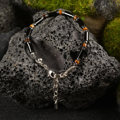 Casvia Men's Black Onyx Hematite Tiger Eye Chakra Beaded Gemstone Bracelet, Handmade Adjustable Dual Clasp 6.89-8.8 Inches, Comfort Fit Everyday Wear, Ideal Gift for Him