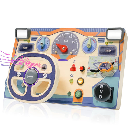 ZJEFUNS Montessori Toddler Toys Busy Board with Led Light Interactive Wooden Dashboard Steering Wheel for 1 2 3 4 Year Old Sensory Toys Toddler Activities for Boys Girls Gift
