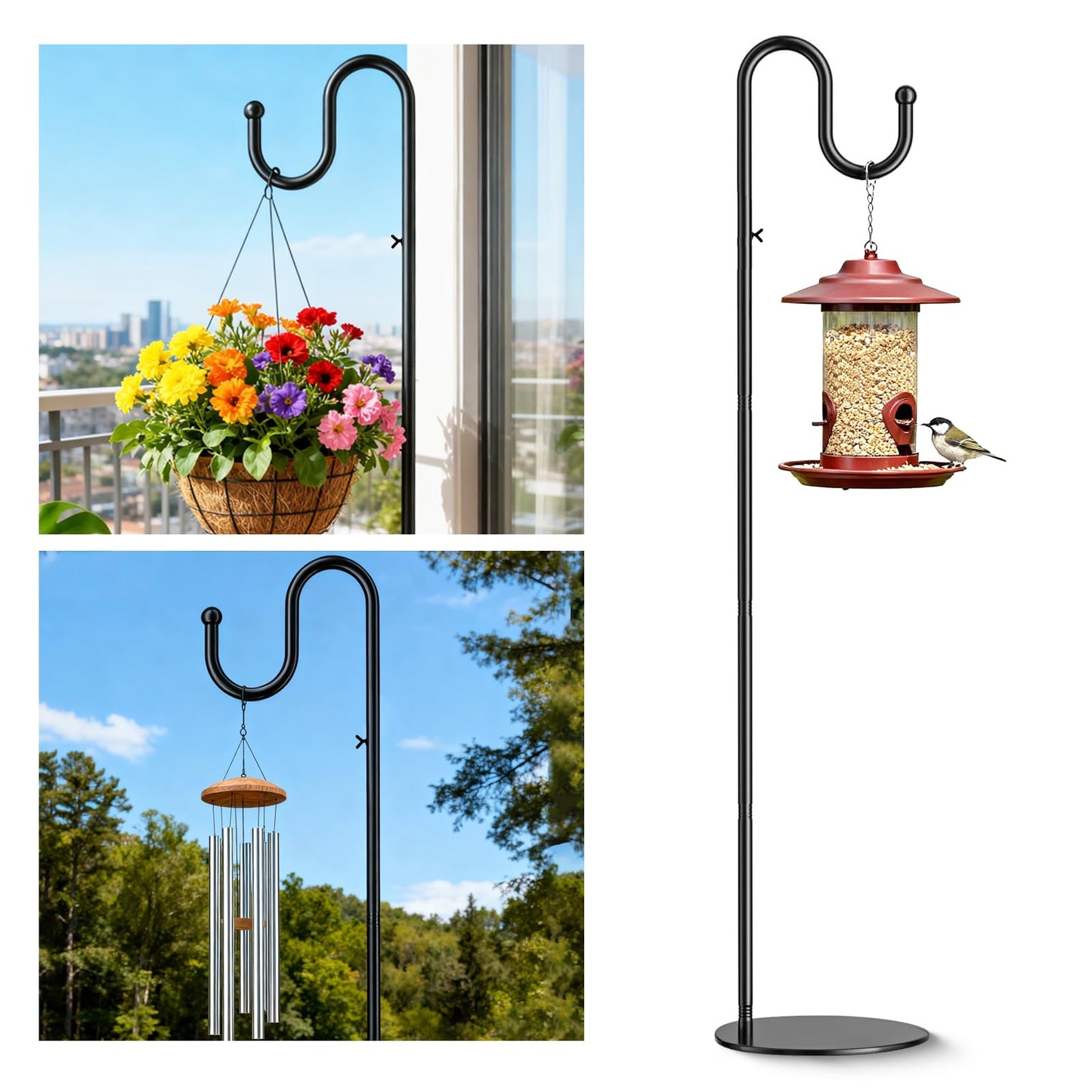 SIECCY 76" Shepherds Hook Stand for Bird Feeders, Hanging Plants, Lanterns, Wreaths & Wind Chimes, Free Standing Pole Holder with Heavy Duty Base for Indoor & Outdoor