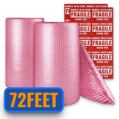Anti-Static Bubble Cushioning Wrap Roll 2 Pack 3/16" Air Bubble 12 Inch x 72 Feet Total, Perforated Every 12 Inch with 20pcs Fragile Stickers Packing Supplies for Heavy-Duty Moving Shipping