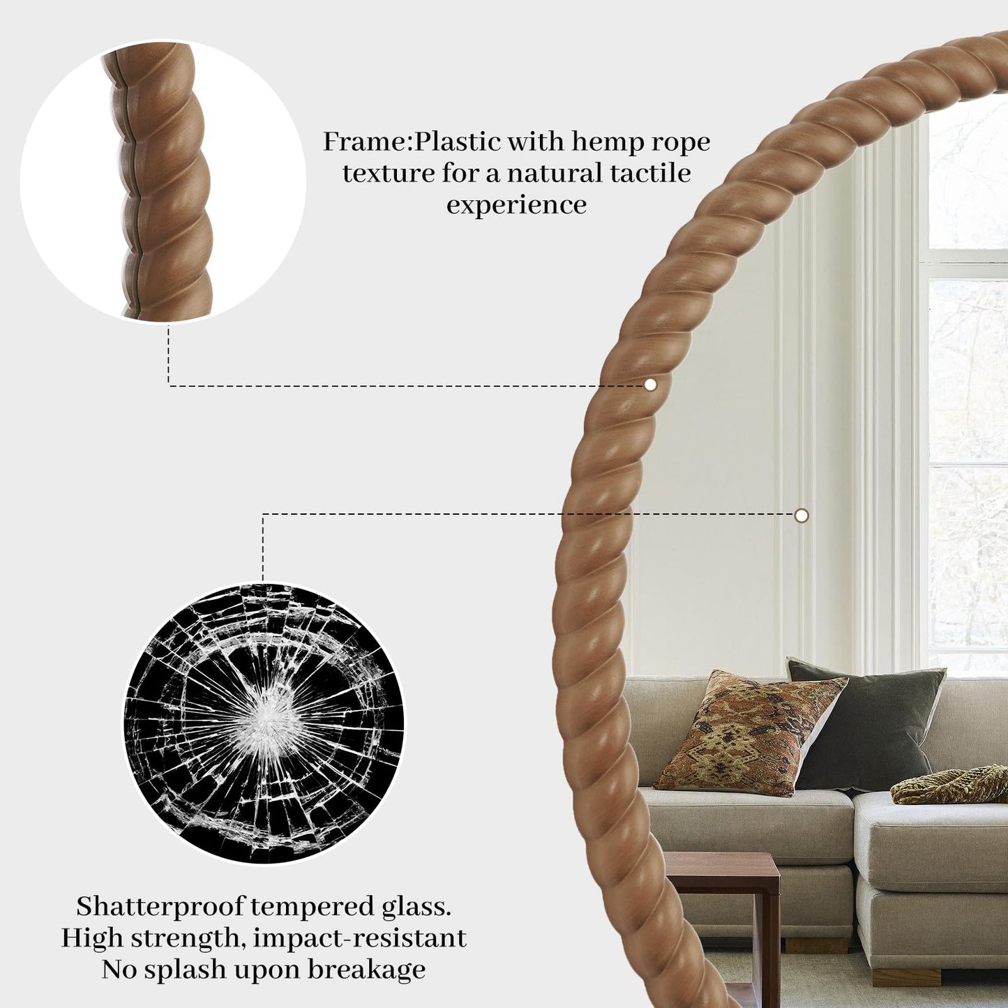WallBeyond 30" Round Mirror with Rope-Design Frame, Large Circle Wall Mirror for Bathroom, Bedroom, Entryway & Living Room, Natural