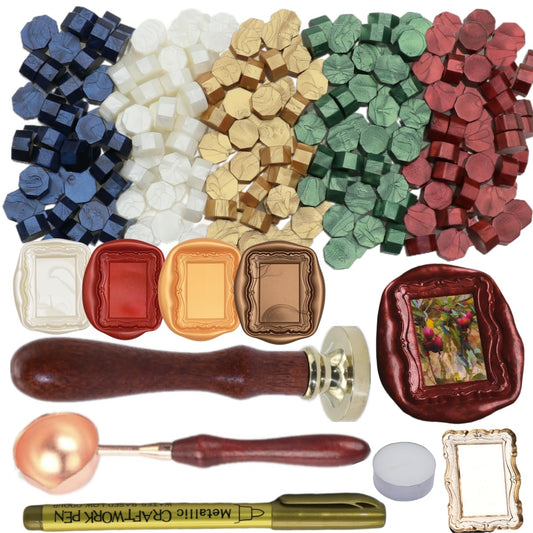 3D Embossed Frame Wax Seal Stamp, Frame Relief Carving Sealing Stamp Set with 150Pcs Green Red White Gold Blue Sealing Wax Beads in 5 Color, Melt Spoon Pen Kit for Wedding and Christmas (KM03)