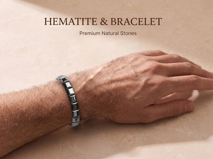 Jingming keji Mens Real Hematite Bracelet 7.8 inch - Natural Stone Square Beaded Black Jewelry with Strong Double Elastic Cord Wellness Power Bracelet with Gift Box