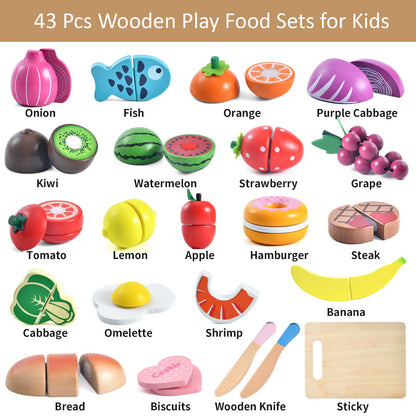 WHOHOLL 43 Pcs Wooden Play Food for Kids Play Kitchen Accessories Playset with Basket, Pretend Cutting Food Toys for 3 4 5 6 Year Old, Vegetables Fruits Toys Christmas Birthday Gifts for Girls Boys