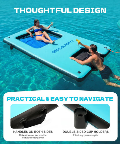SOLAVERO 10x6ft Inflatable Floating Dock with Water Ramp, Heavy Duty Floating Platform for Adults & Dogs, Non-Slip Lake Float with Mesh Hammock, Cup Holders for Pool, Lake, Boat, Party