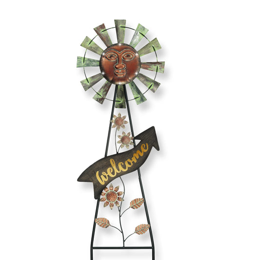 TERESA'S COLLECTIONS Garden Decor with Solar Outdoor Lights, Wind Spinner Yard Art Sign for Outside, 26'' Bronze Metal Sun Face Windmill Decorative Garden Stake for Lawn Ornaments, Gifts for Mom