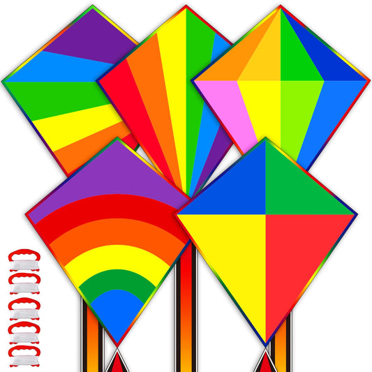 QUANA 5 Pack Kites for Kids and Beginners, Diamond Kites for Kids Ages 4-8 8-12 Easy to Fly Rainbow Kite for Toddlers Age 3-5, Boys Girls Party Gifts Family Beach Outdoor Games and Activities