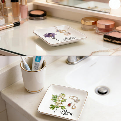 Personalized Ceramic Ring Dish, Personalized Birth Flower Jewelry Dish for Women, Personalized Besties Photo Ring Dish, Custom Jewelry Dish Gift for Besties, Anniversary Birthday Wedding Gifts (A)