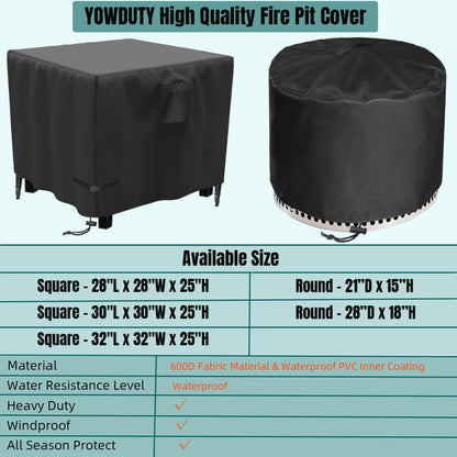 YOWDUTY Propane Fire Pit Cover Square 28 Inch, Waterproof Heavy Duty 600D Gas Fire Pit Table Cover 28x28x25 Inch, Fit 26-28 Inch Firepit Table, All-weather Protection For Patio Fire Table