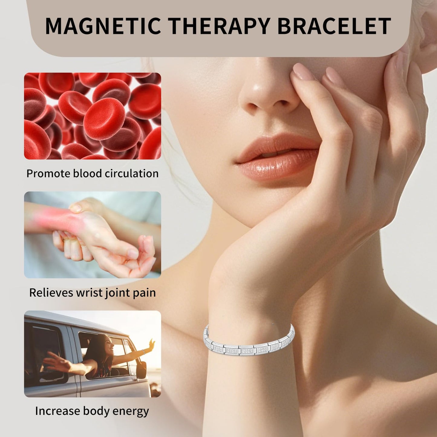 KYOSI Magnetic Bracelets for Women, Stainless Steel Silver Bracelet with Cubic Zirconia, Adjustable Chain Fashion Zircon Jewelry Womens Gift
