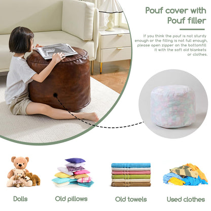 HIGOGOGO Round Stuffed Pouf Ottoman, Pu Leather Poufs with Foam Chunk Filling, Furry and Fluffy Pouf Foot Stool Storage Ottoman, 26 X 18 Floor Poufs Foot Rest for Living Room,Dark Brown