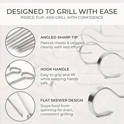 O-Yaki Flat Metal Kabob Skewer for Grilling – Set of 8 BBQ Skewers Stainless Steel with Storage Bag, Dishwasher Safe Skewers with Hook Handle & Sharp Tip for BBQ, Cookouts & Oven Use – 12 Inch